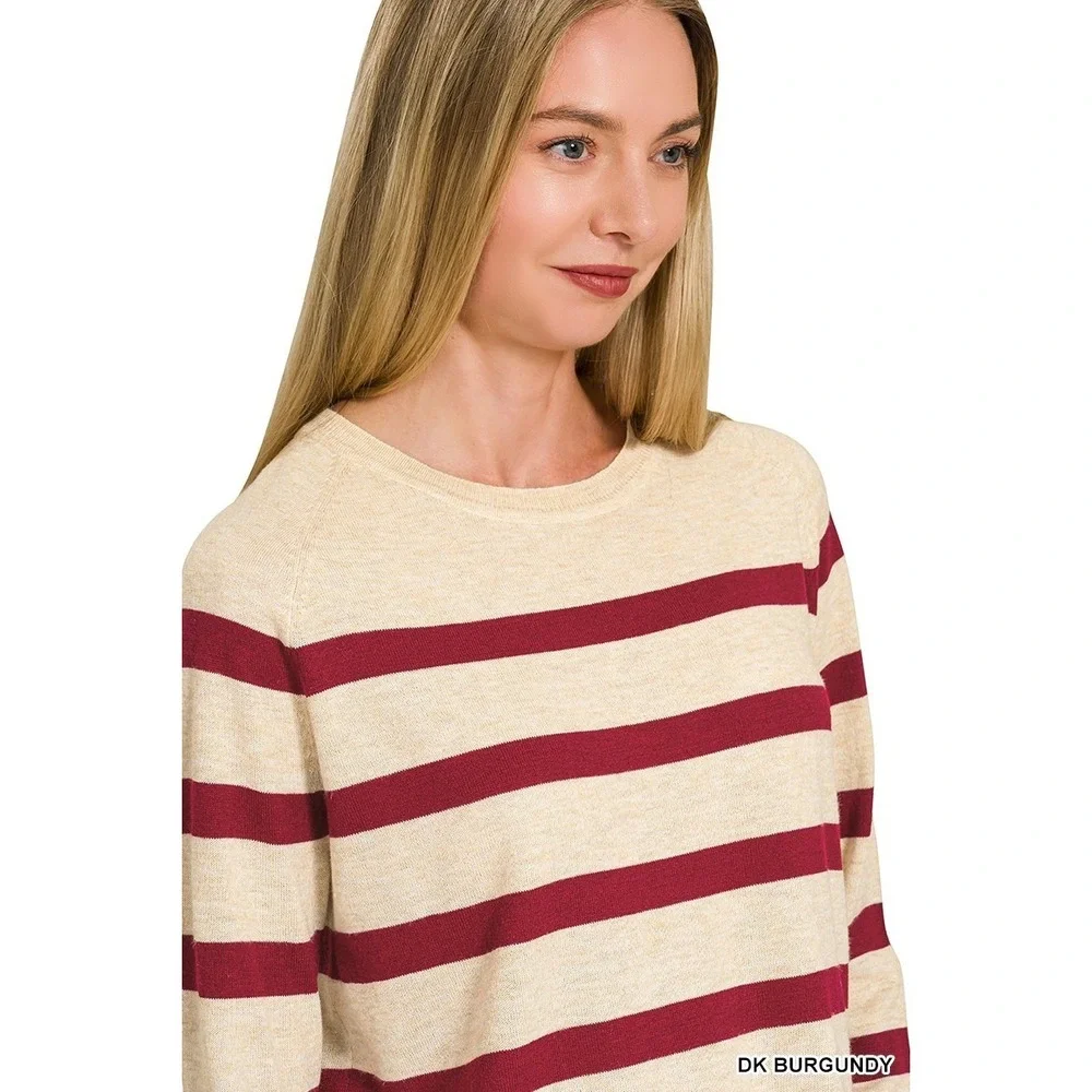 Zenana Lightweight Wool Blend Striped‎ Round Neck Sweater - Medium